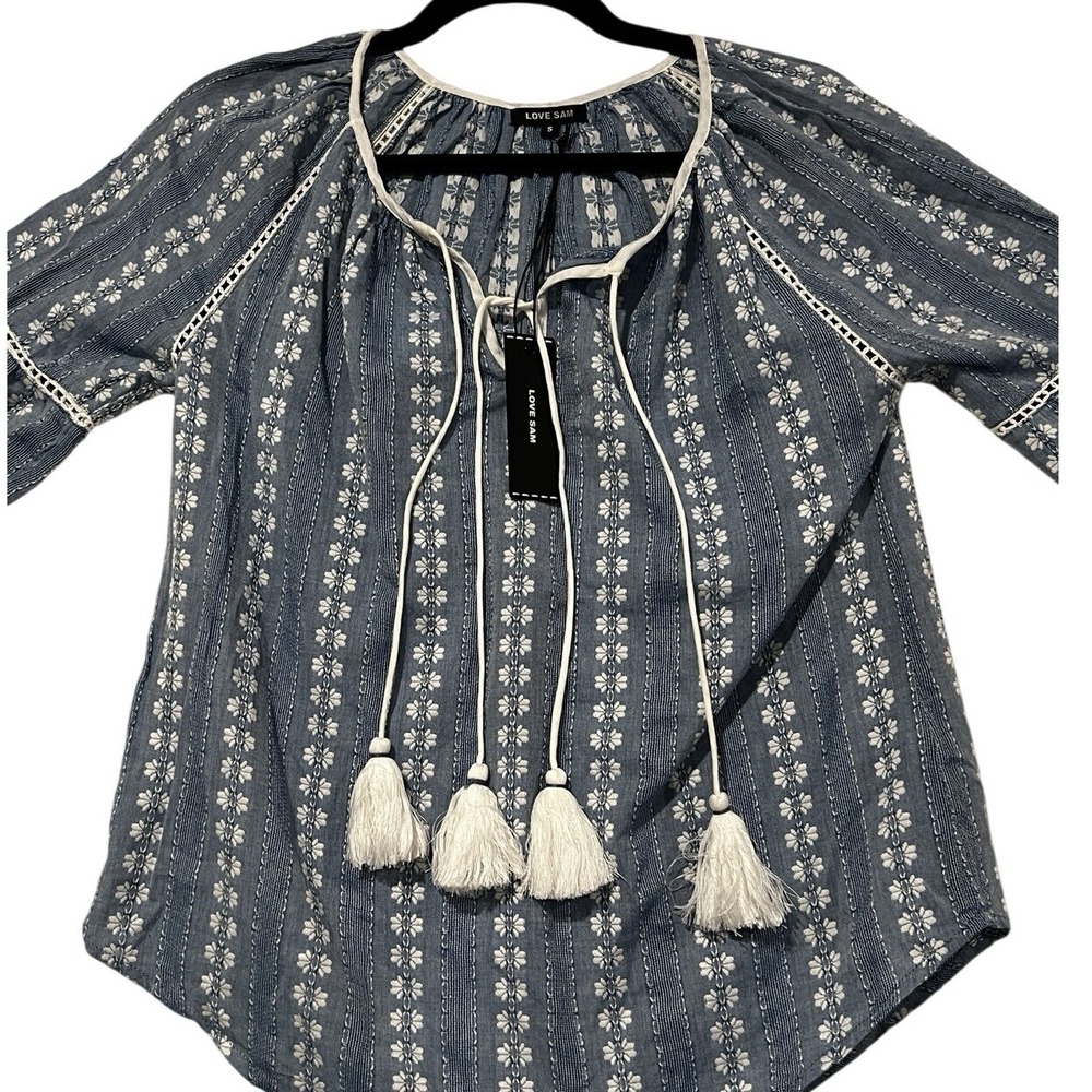 Love Sam Anthropologie Blue White Tassel Peasant‎ Blouse LSSP 17-3129 Small NEW